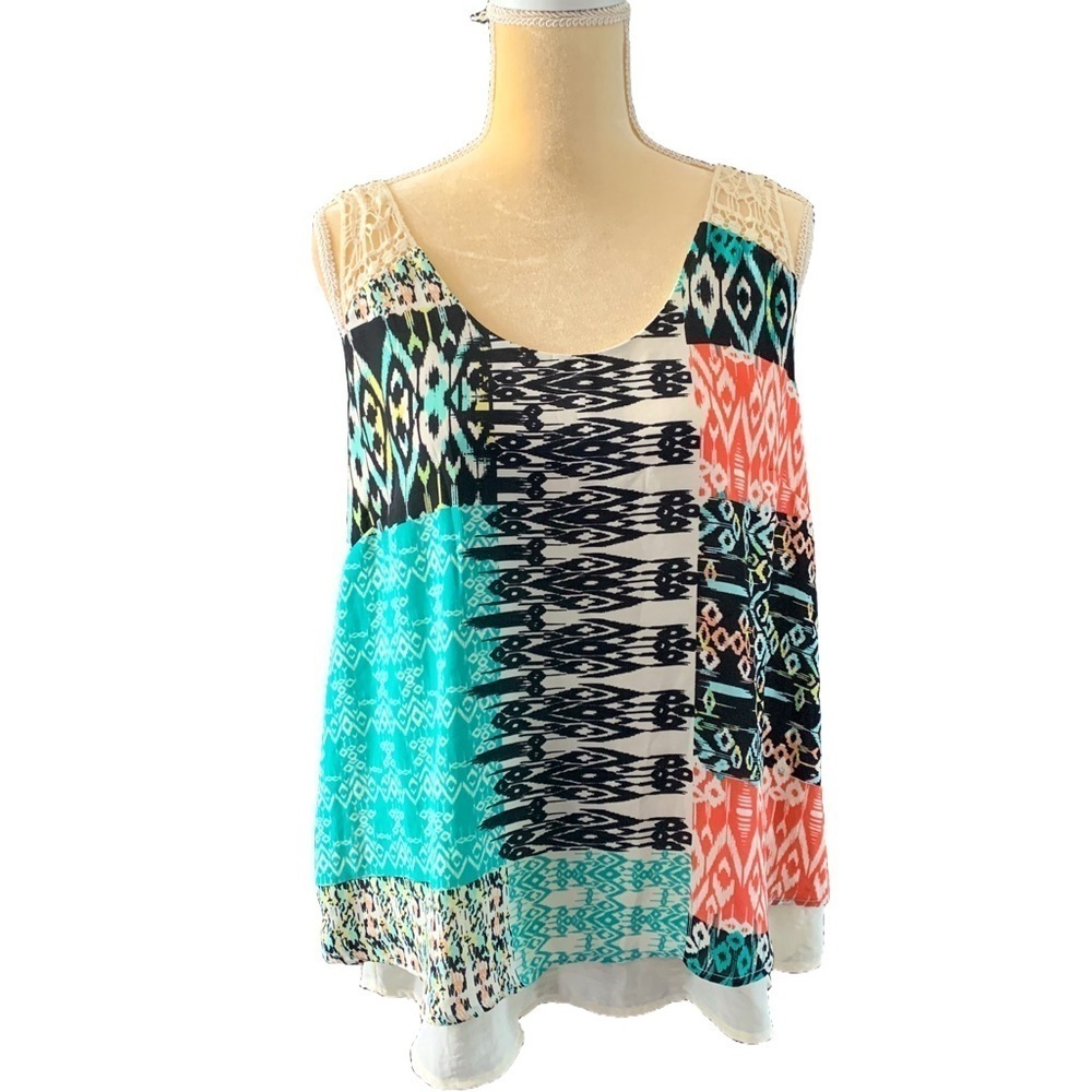 Stoosh Multicolor Geometric Sleeveless Tank Top with Crochet Lace Back Detail